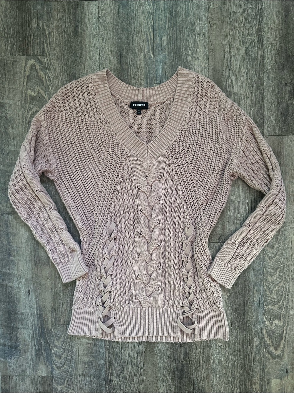 Express Women’s Light Pink Cable Lace-Up V-Neck Sweater